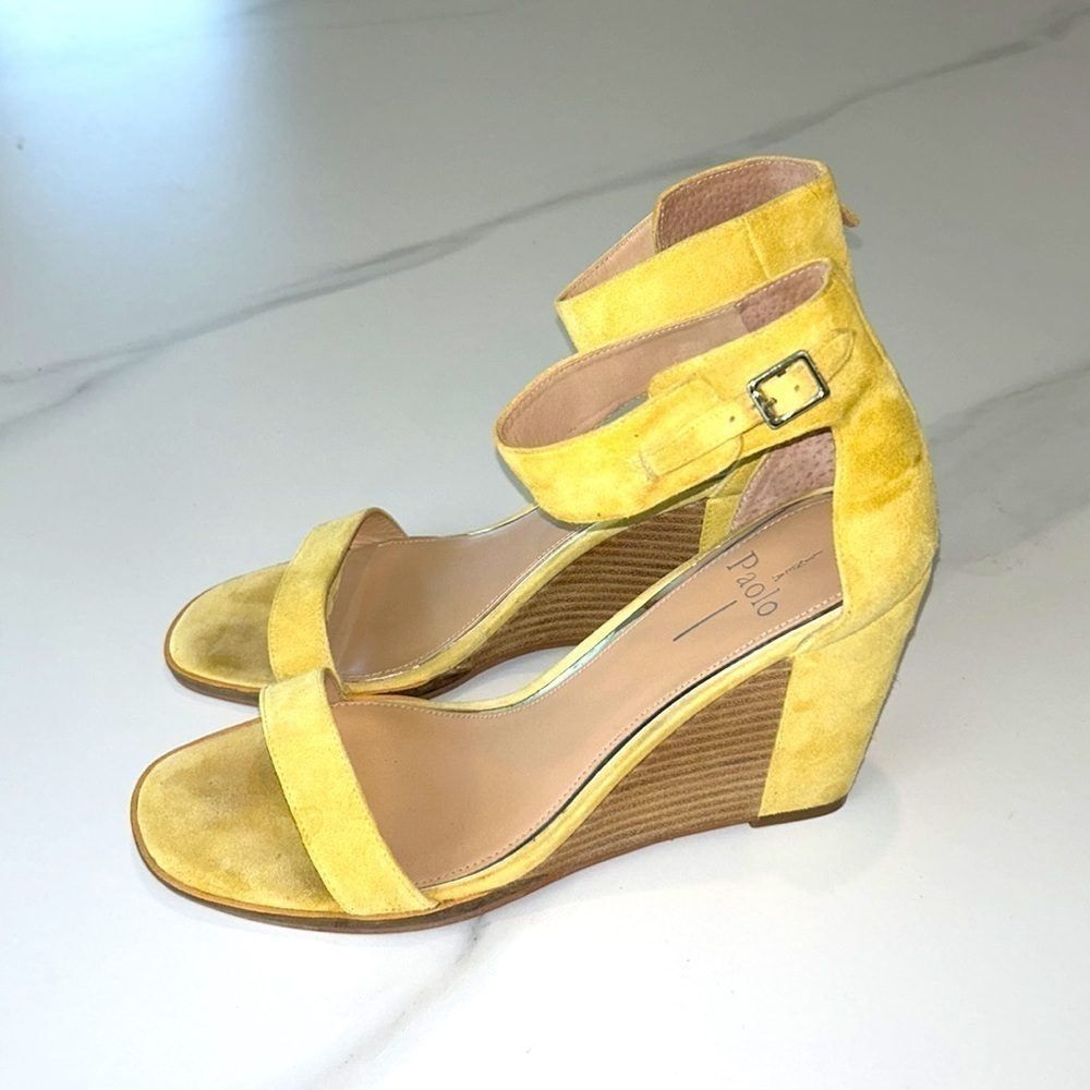 Linea Paolo Elodie Wedge‎ Sandal Lemon Suede Adjustable Ankle Strap